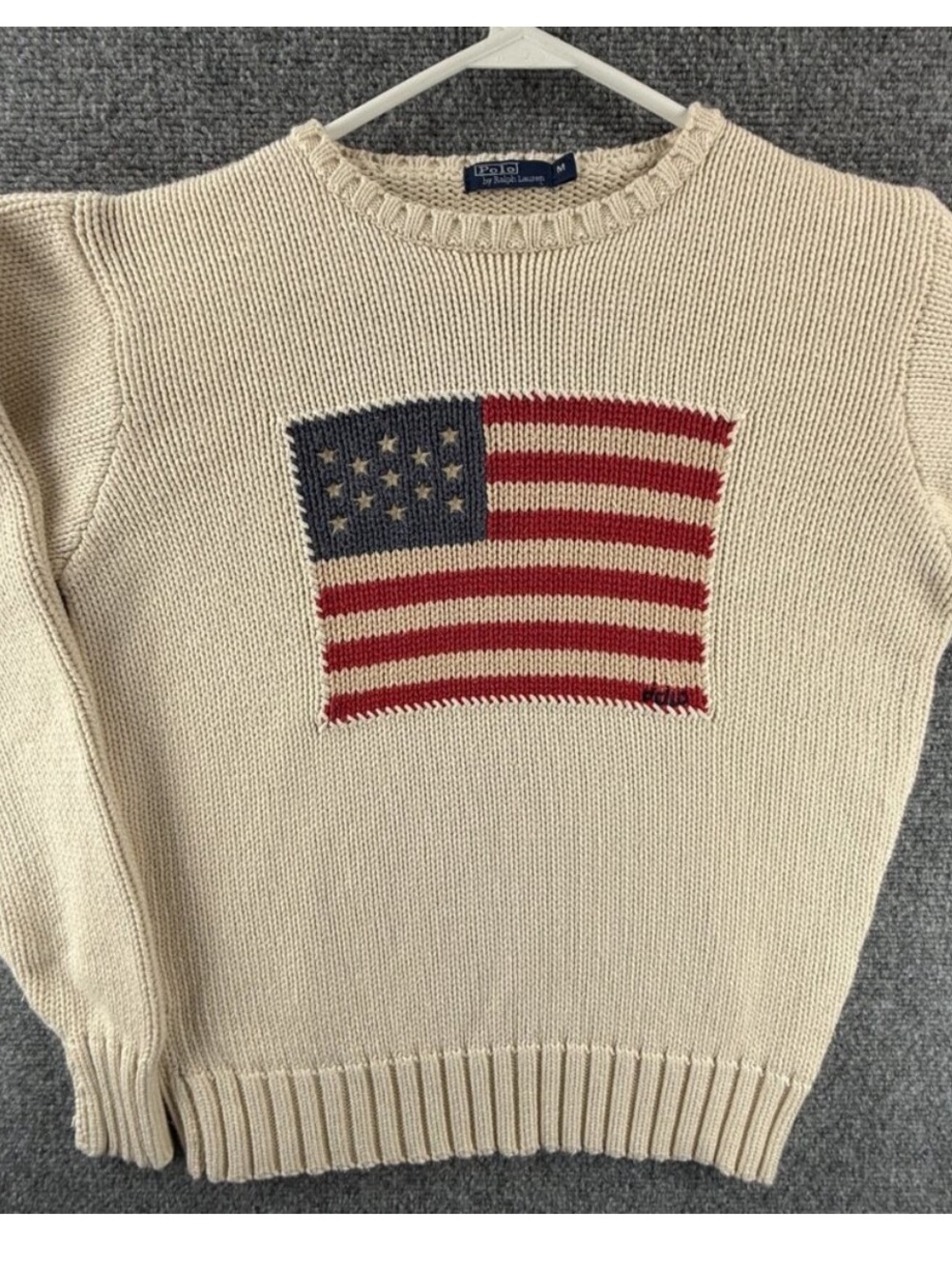 Polo by Ralph Lauren Cream Crewneck Sweater with Flag Motif